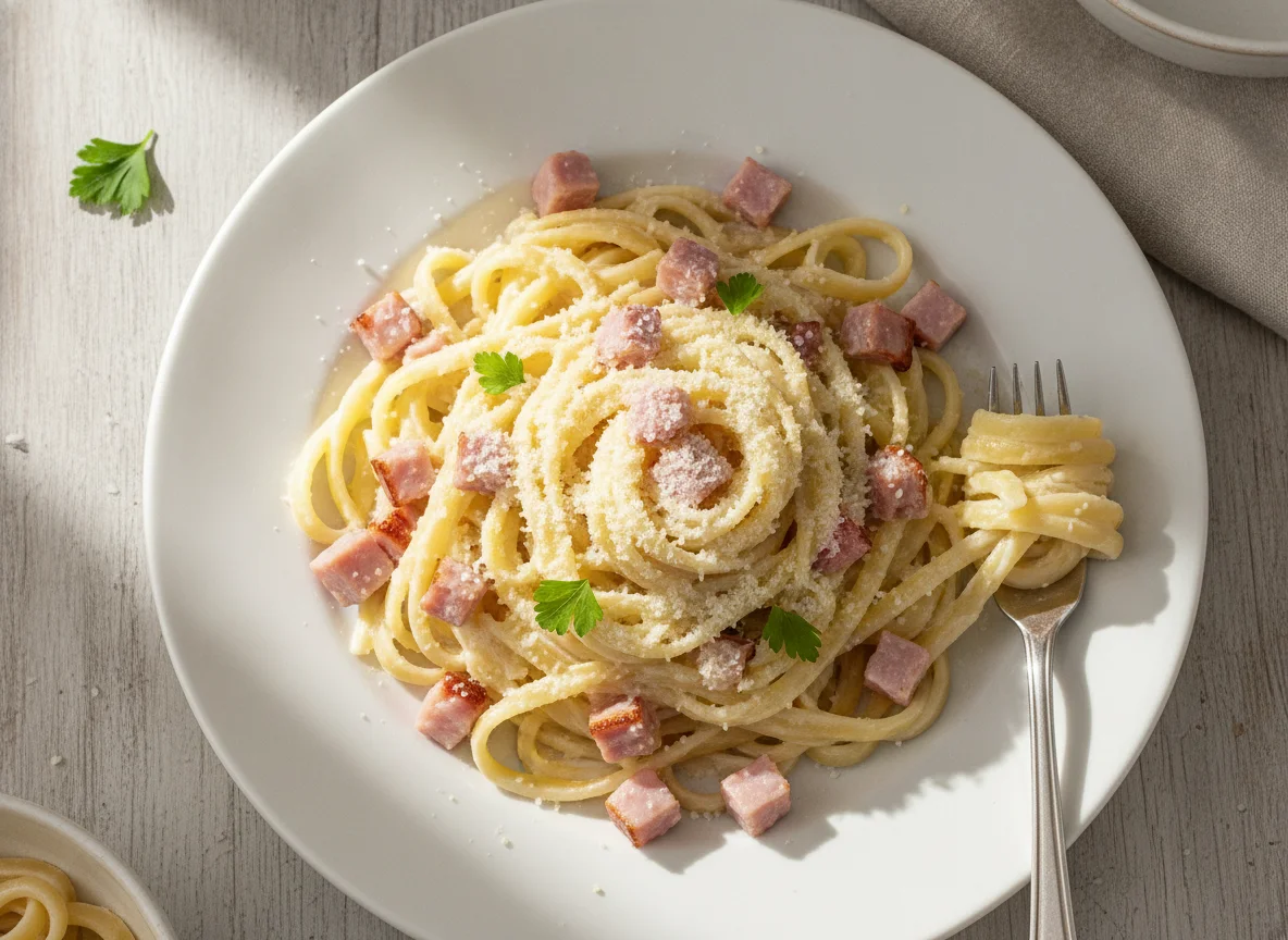 Fettuccine con salsa blanca y jamón photo