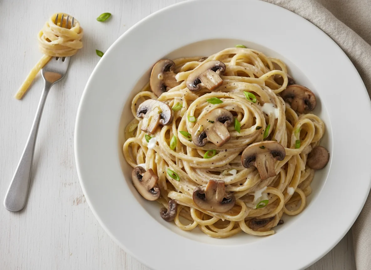 Fettuccine con salsa de champiñones y crema photo