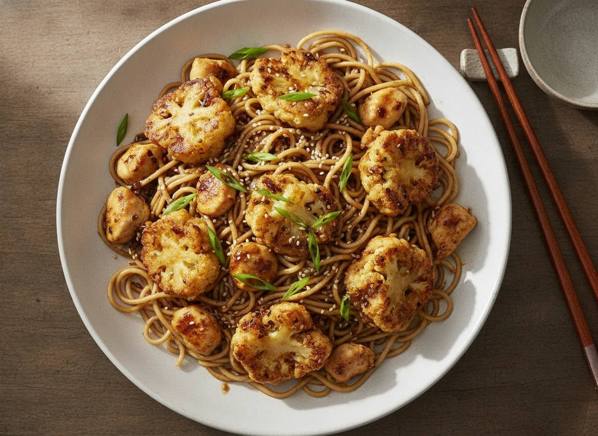 Fideos chinos con pollo y coliflor rebozada photo