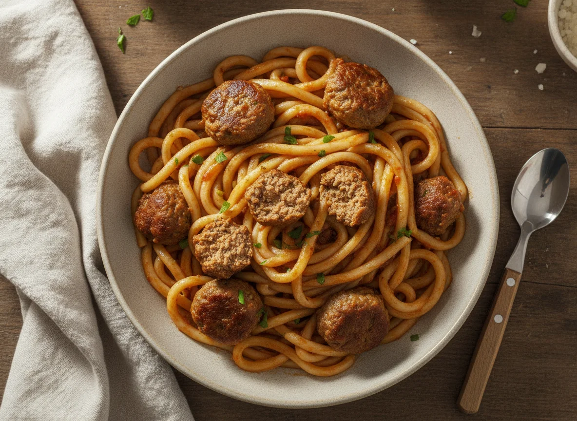 Fideos con albóndigas troceadas photo