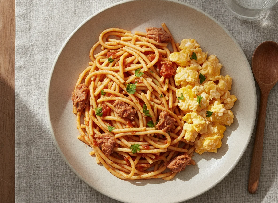 Fideos con atún y huevo revuelto photo