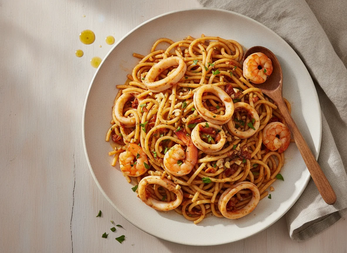 Fideos con calamares y gambas photo