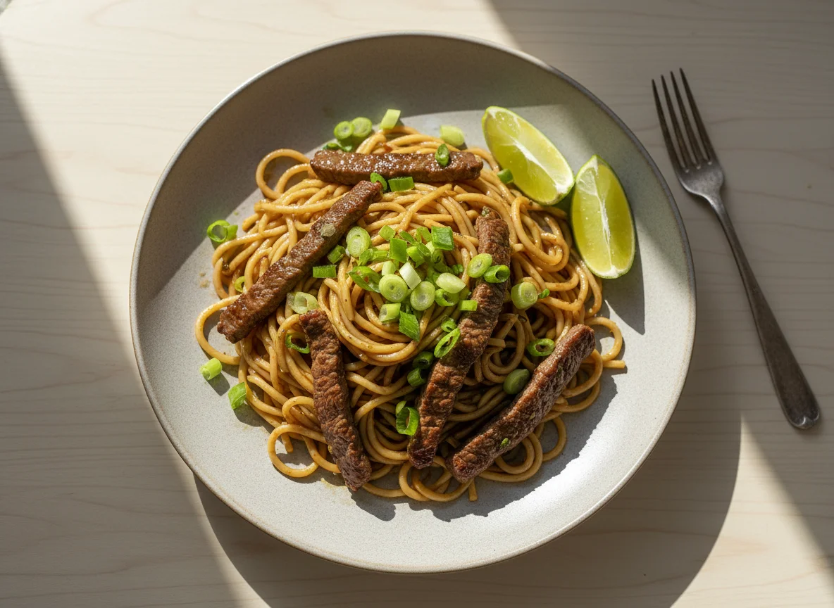 Fideos con carne de res y cebolla verde photo