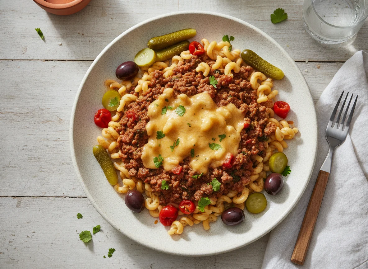 Fideos con carne picada y salsa de queso photo