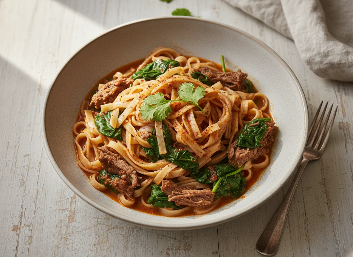 Fideos con carne y espinacas photo