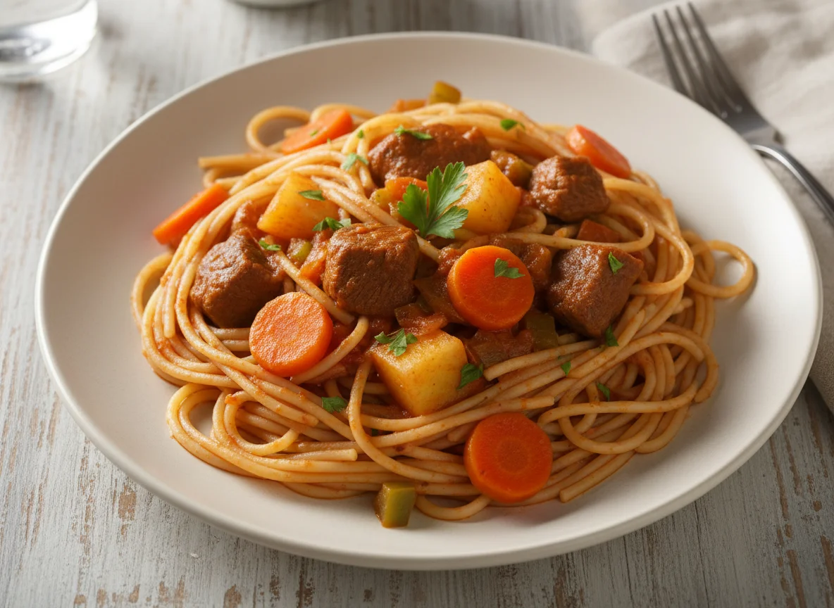 Fideos con estofado de carne y verduras photo