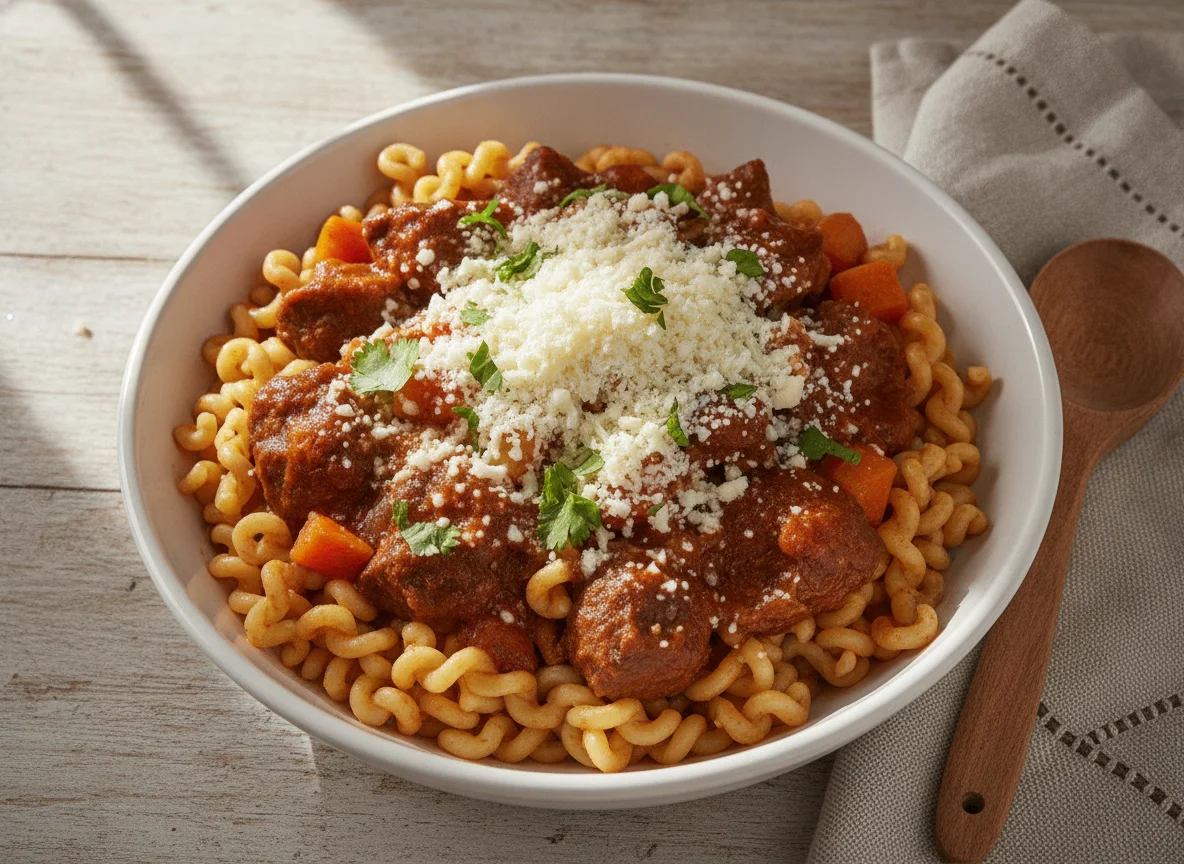 Fideos con estofado y queso rallado photo