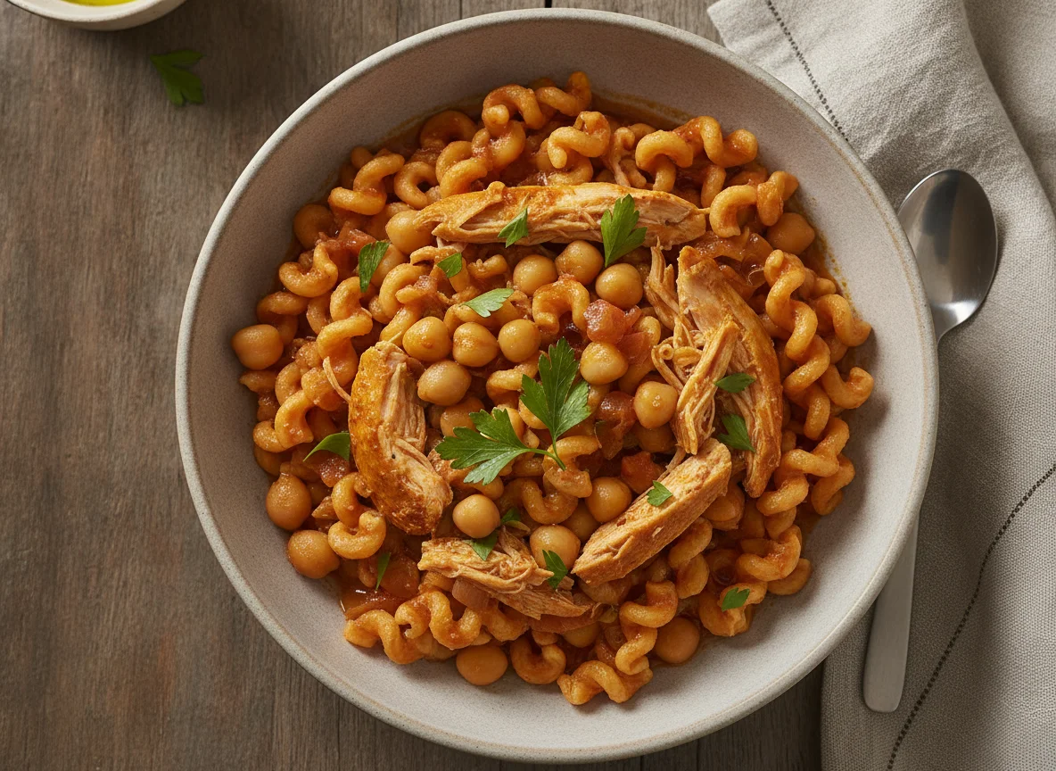 Fideos con garbanzos y pollo photo