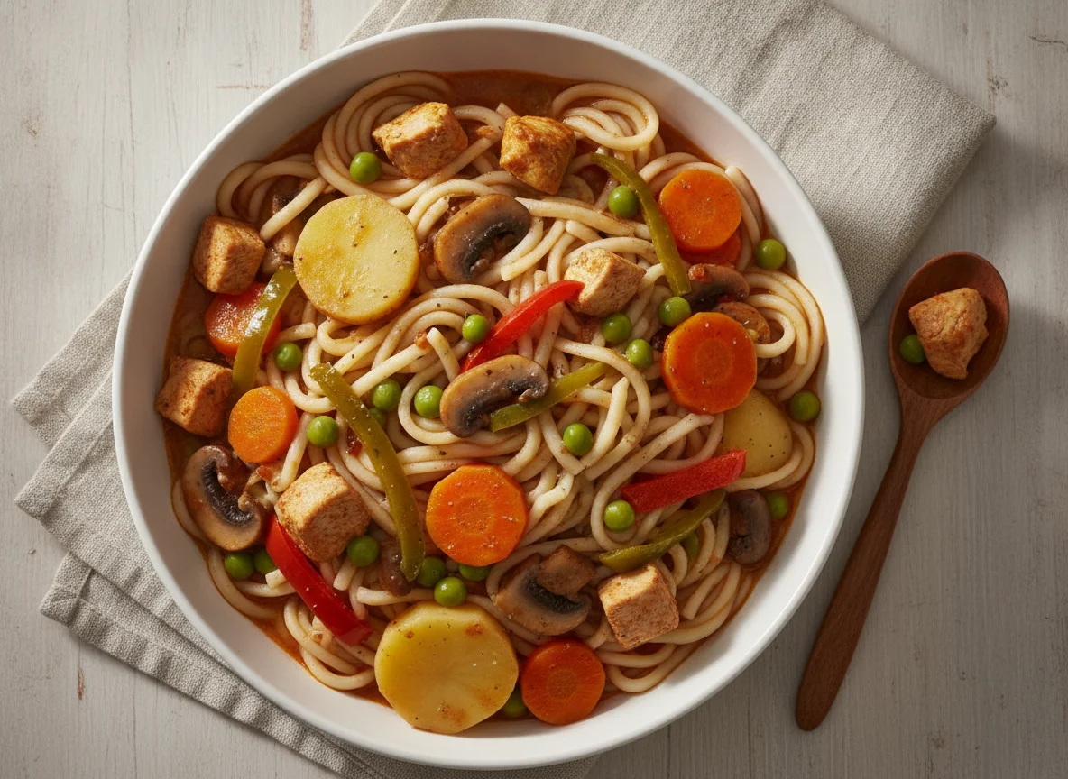Fideos con guiso de pollo y verduras photo