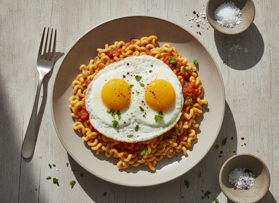 Fideos con huevo frito photo