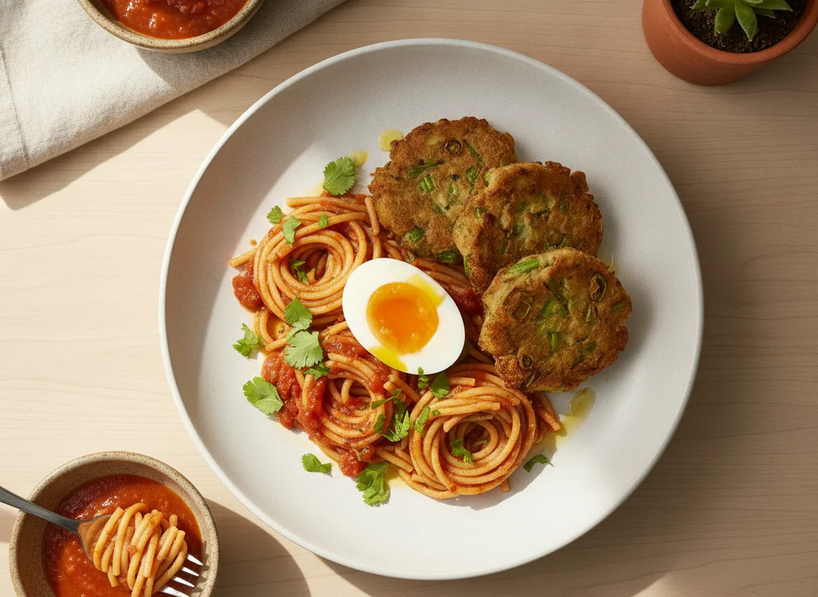 Fideos con huevo y tortita de ejote photo