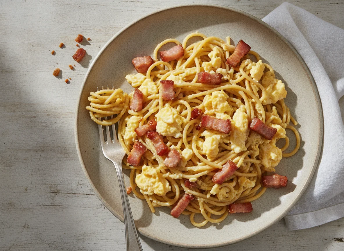 Fideos con huevos revueltos y panceta photo