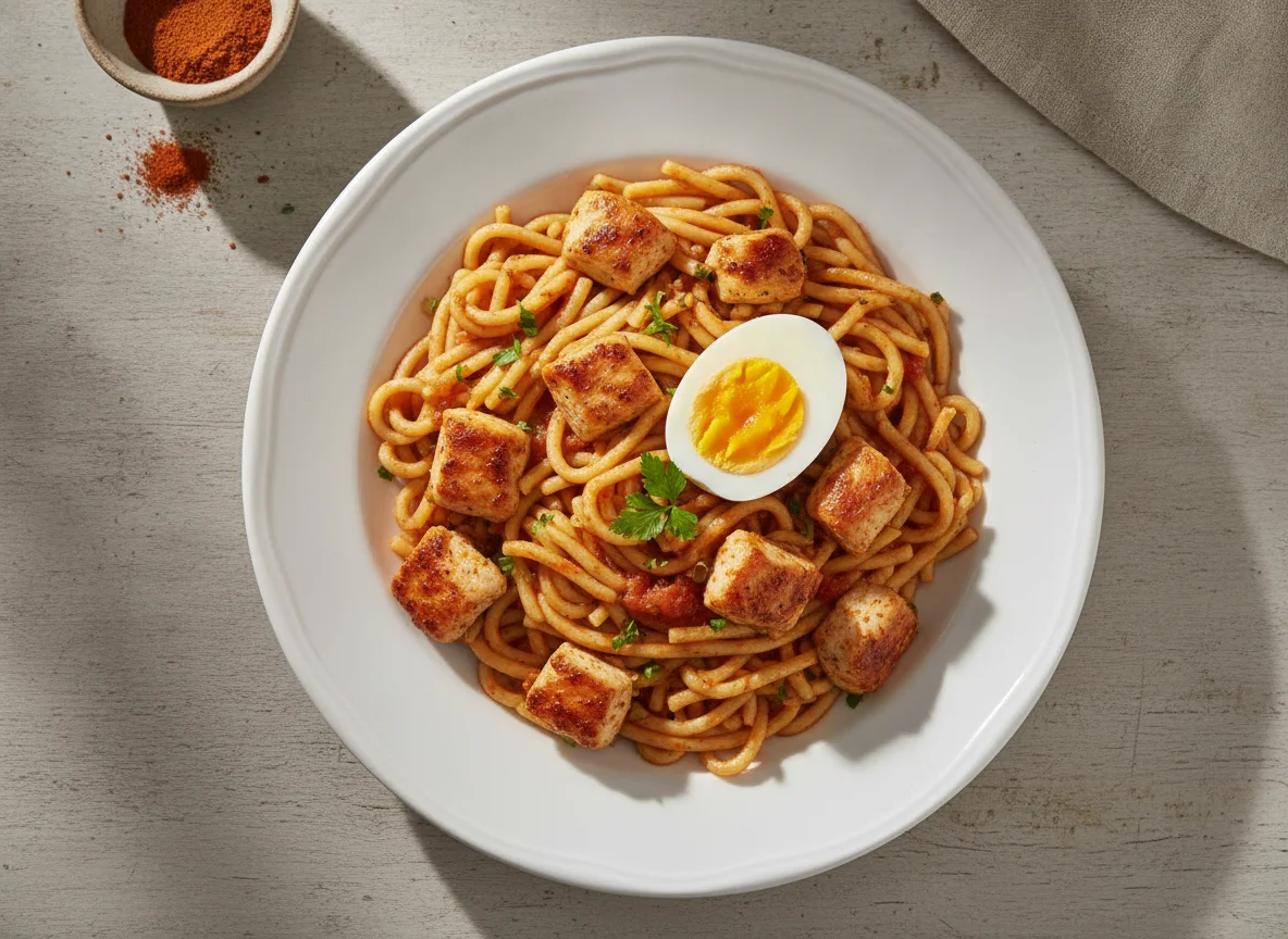 Fideos con pollo y huevo photo