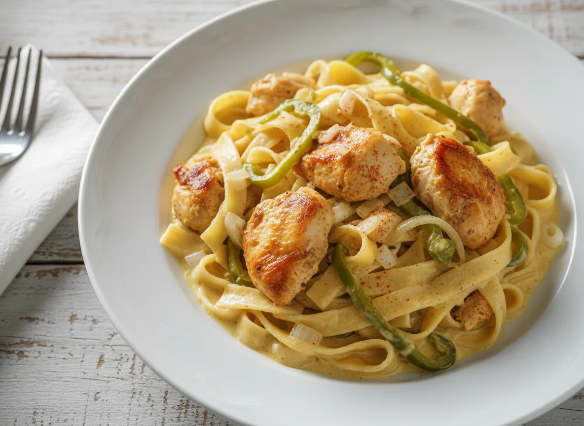 Fideos con pollo y salsa cremosa photo