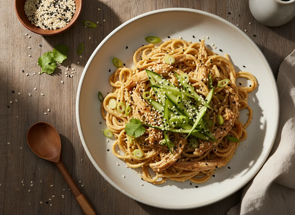 Fideos con pollo y salsa de sésamo photo