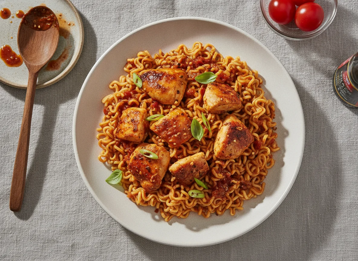 Fideos con pollo y salsa photo