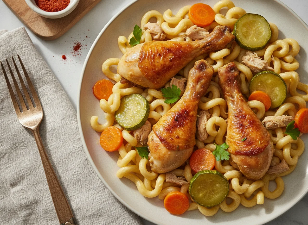 Fideos con pollo y vegetales photo