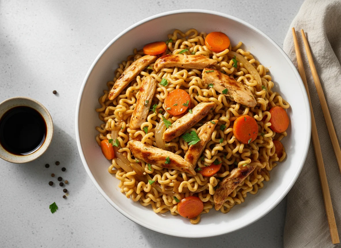 Fideos con pollo y verduras photo