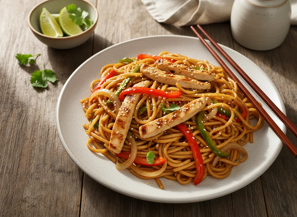 Fideos con pollo y verduras estilo asiático photo