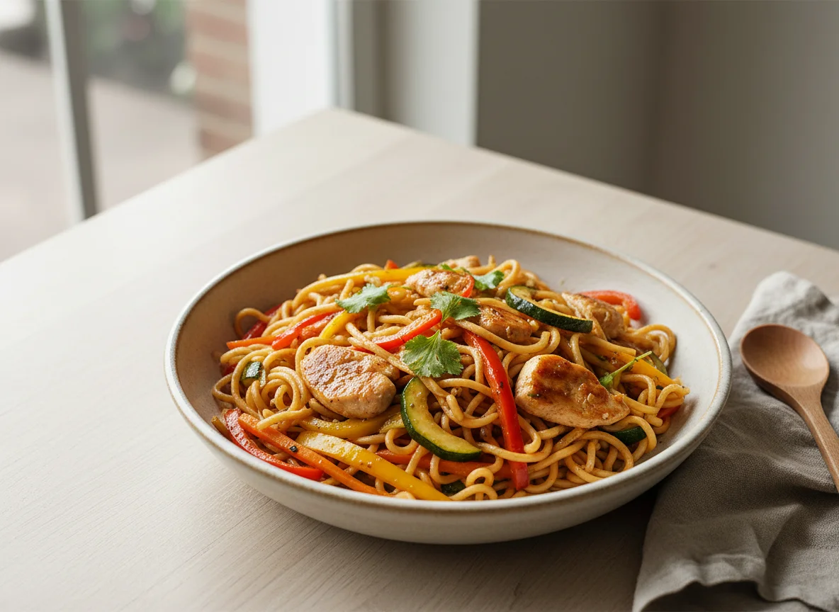 Fideos con pollo y verduras salteadas photo