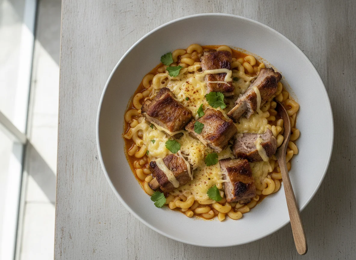 Fideos con queso y costillas de cerdo photo