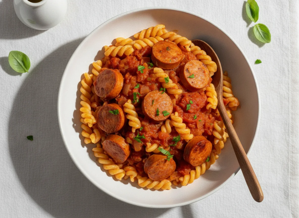 Fideos con salchicha y salsa de tomate photo