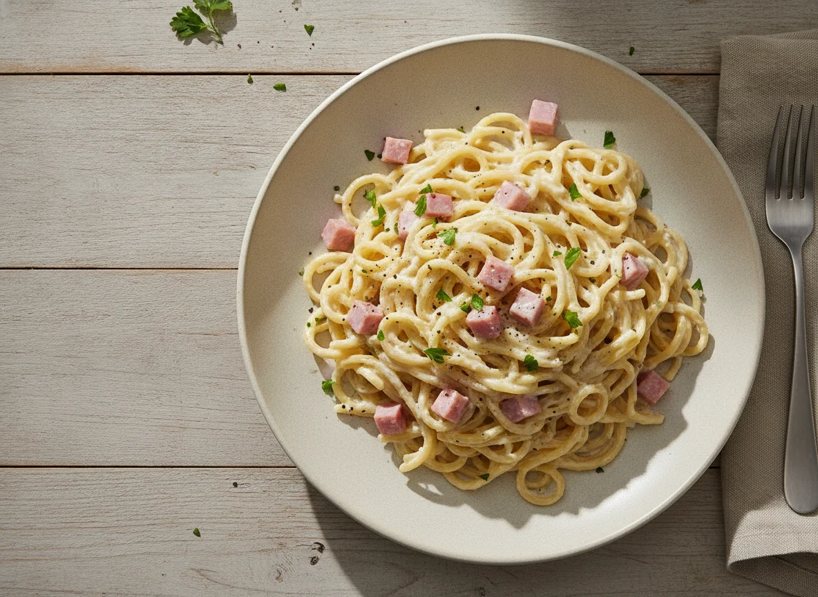 Fideos con salsa blanca y jamón photo