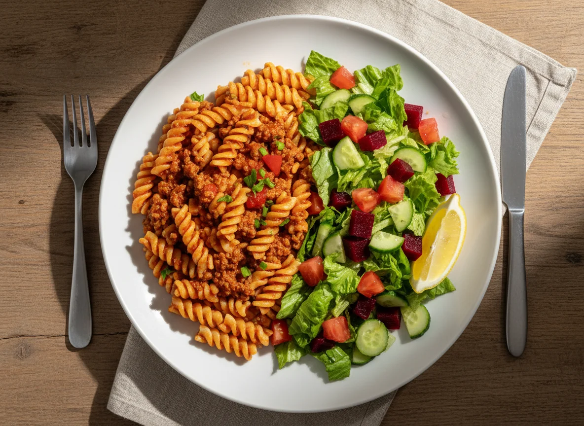 Fideos con salsa boloñesa y ensalada photo