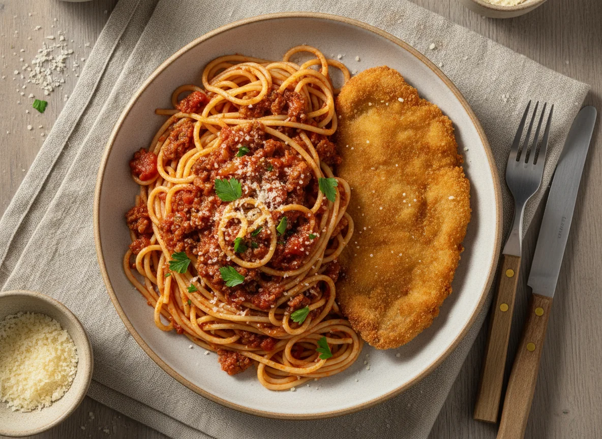 Fideos con salsa boloñesa y milanesa photo