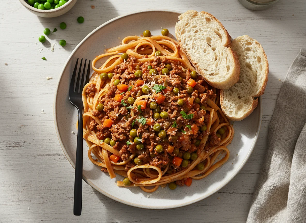 Fideos con salsa boloñesa y pan photo
