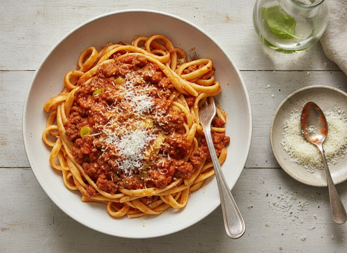 Fideos con salsa boloñesa y queso rallado photo