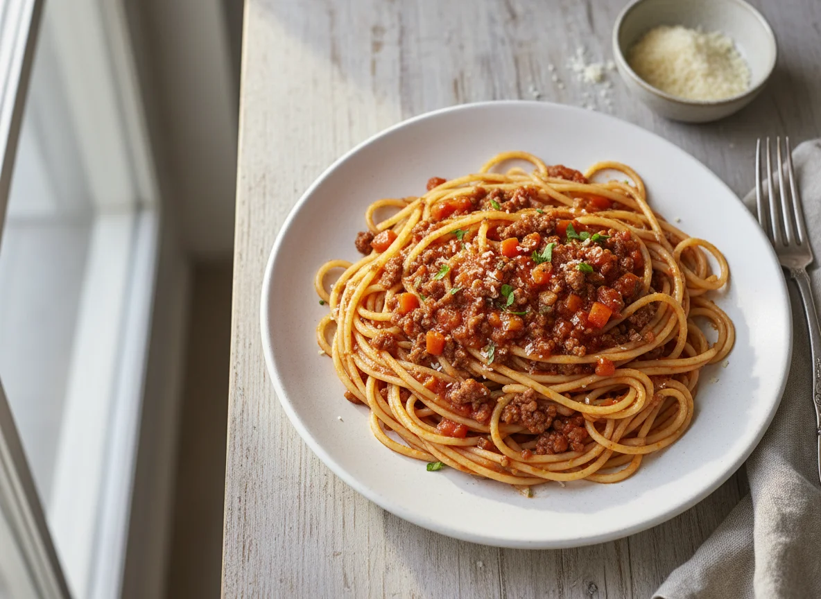 Fideos con salsa boloñesa photo