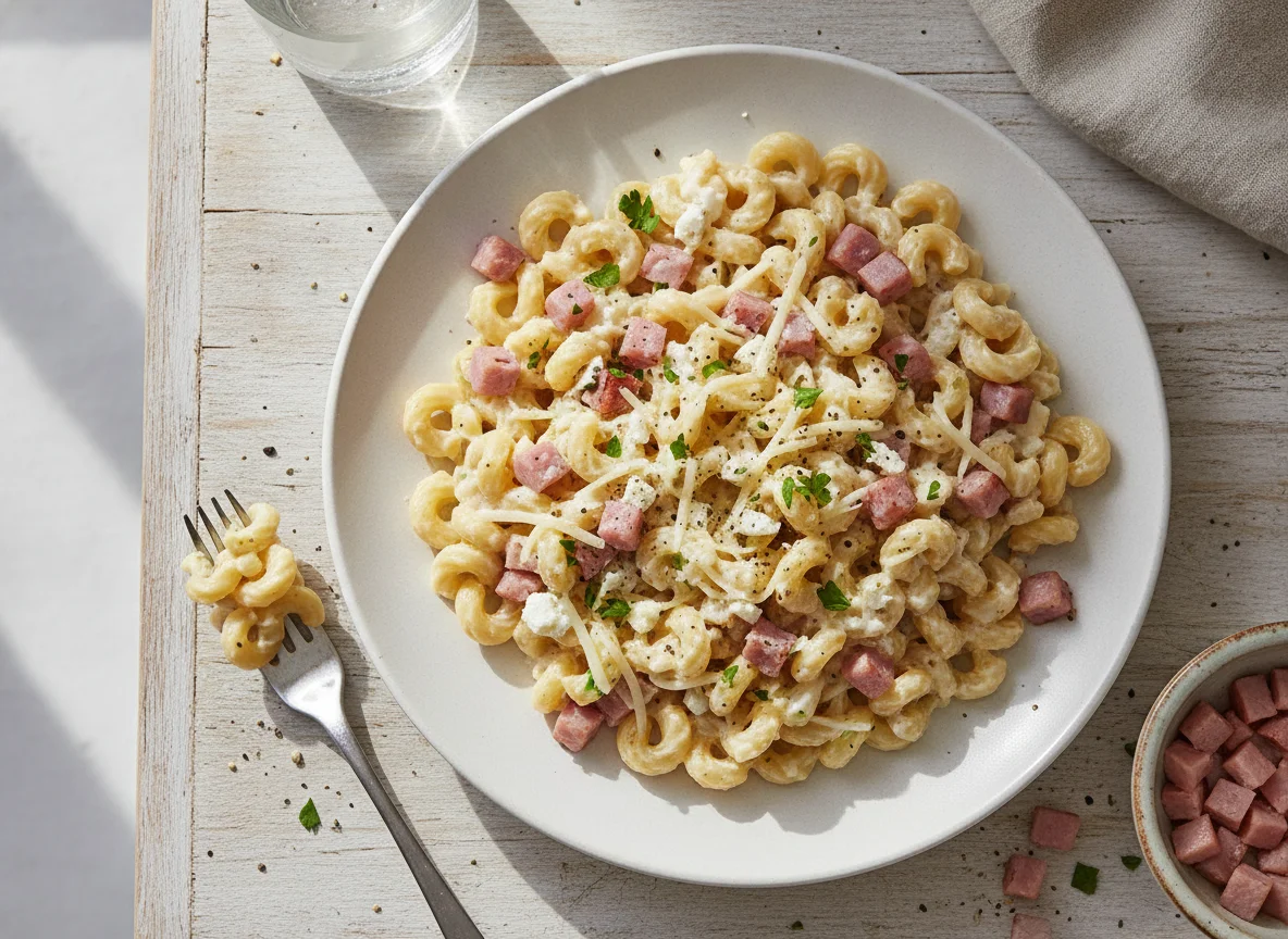 Fideos con salsa cremosa y jamón photo