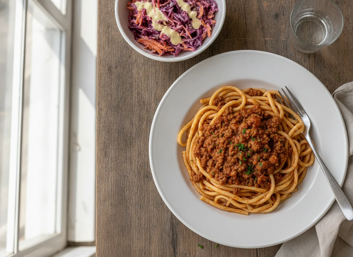 Fideos con salsa de carne y ensalada de remolacha photo