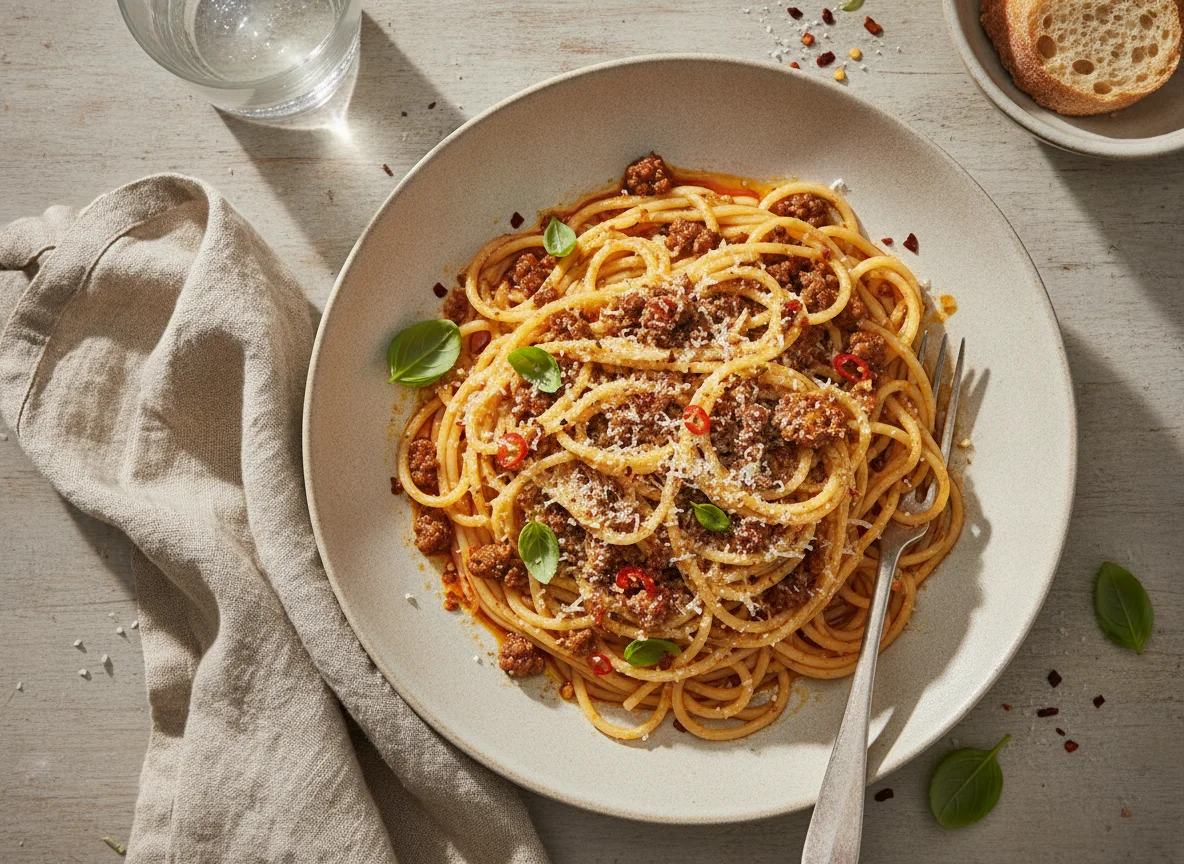Fideos con salsa y carne picada photo