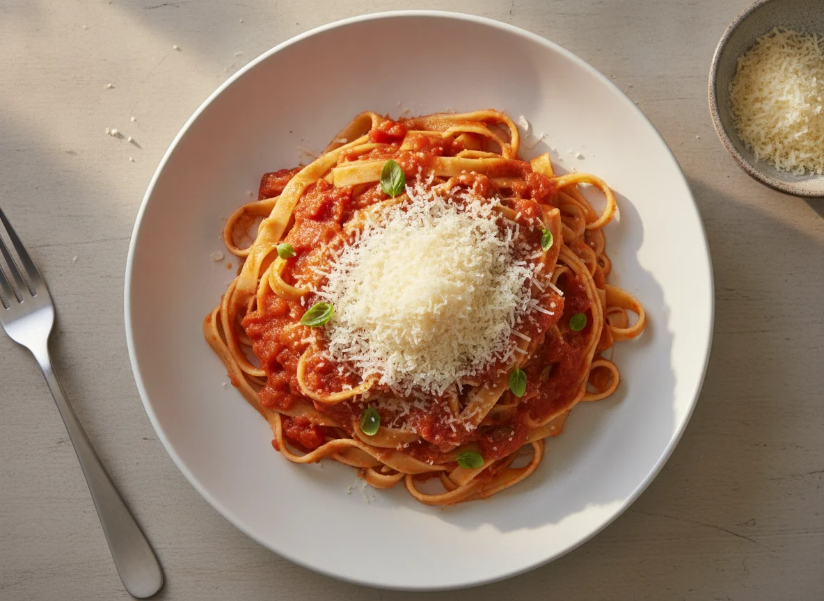 Fideos con salsa y queso rallado photo