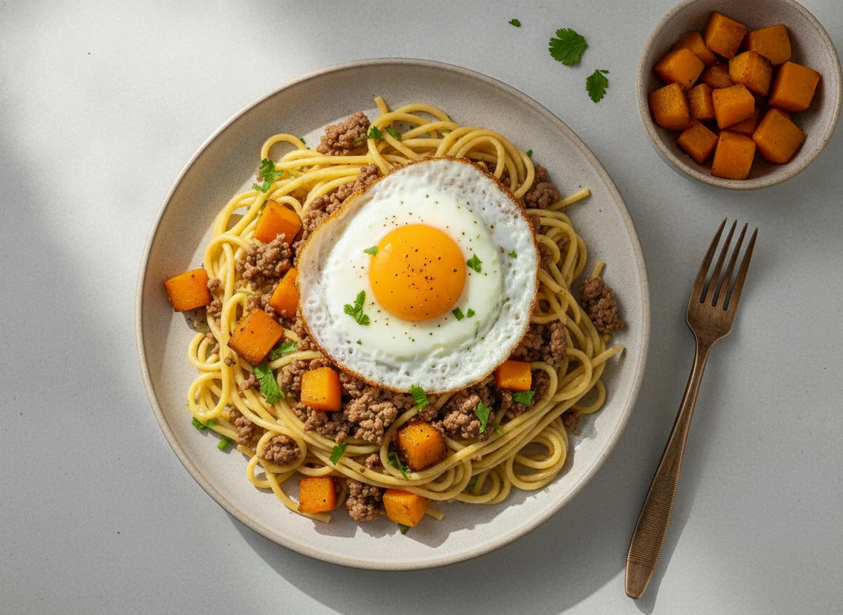Fideos con salteado de carne, zapallo y huevo photo