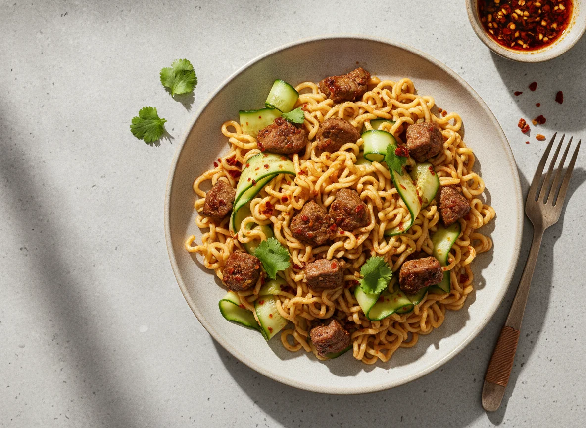 Fideos con ternera y pepino photo