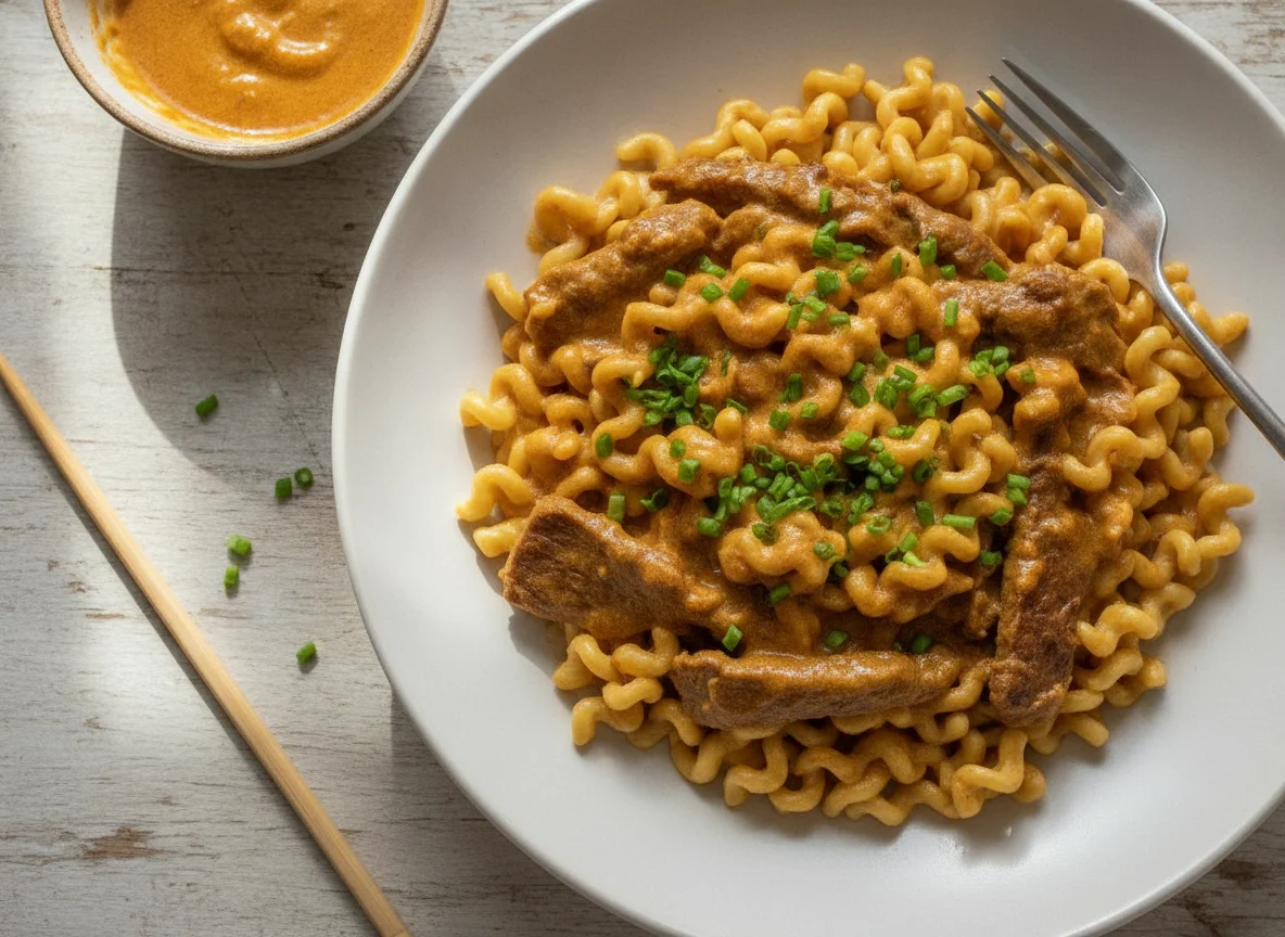 Fideos con ternera y salsa photo