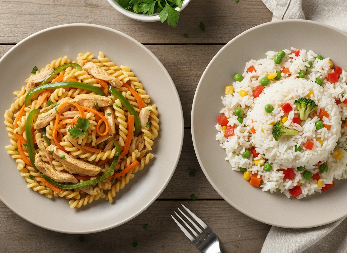 Fideos con vegetales y arroz con vegetales photo