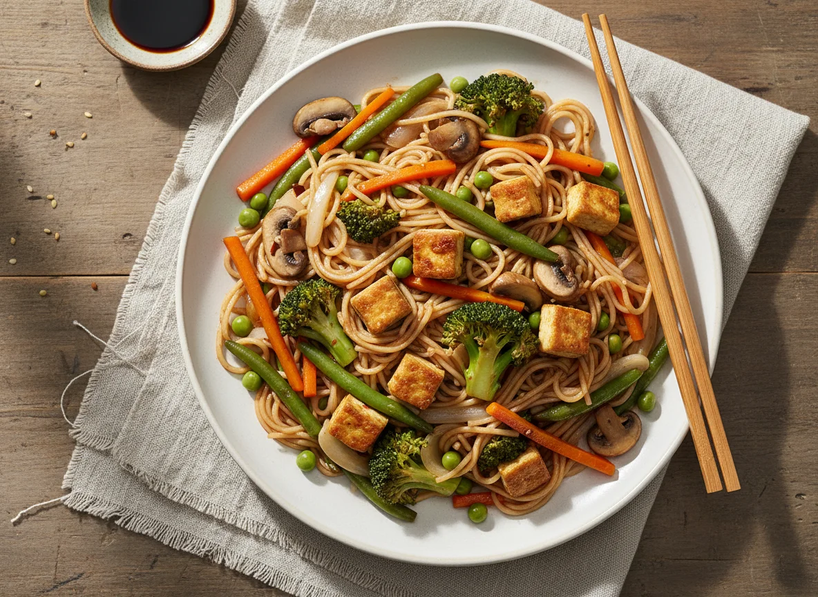 Fideos con vegetales y tofu photo