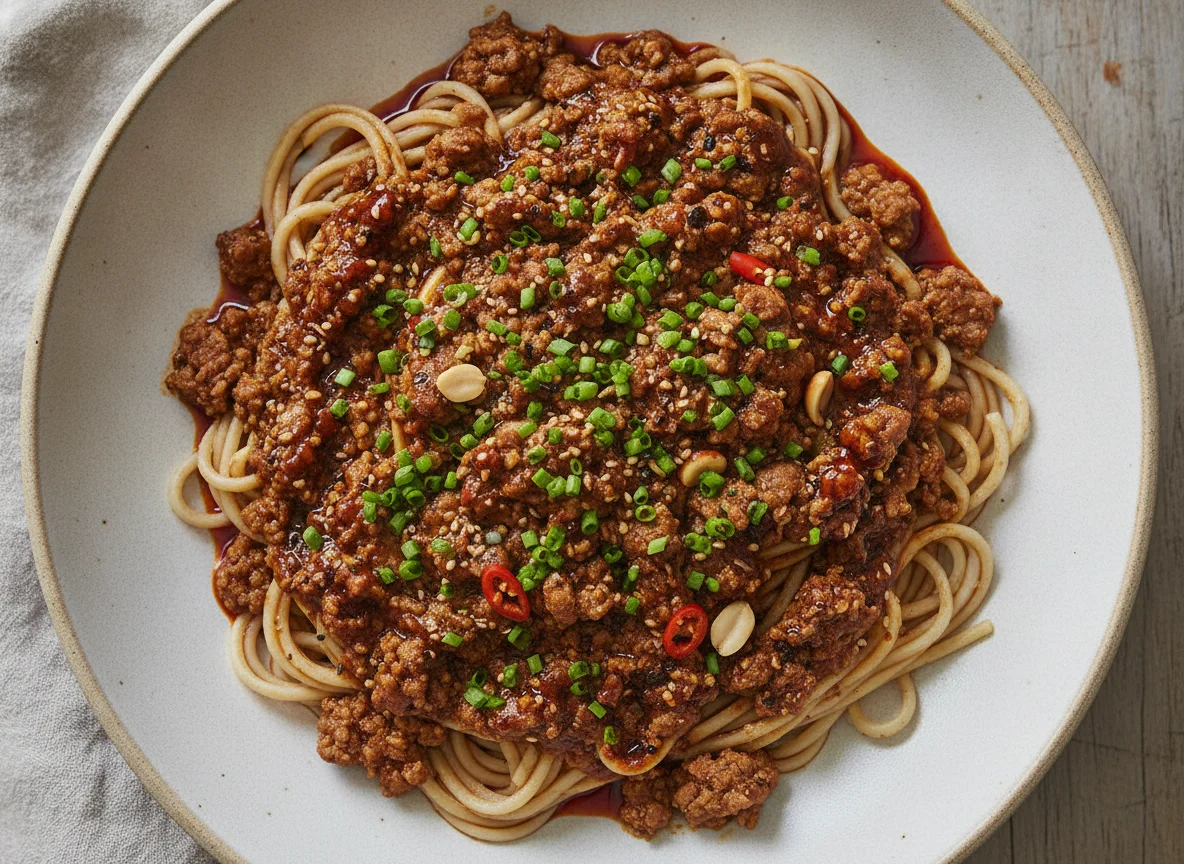 Fideos Dan Dan con carne picada y cebollino photo
