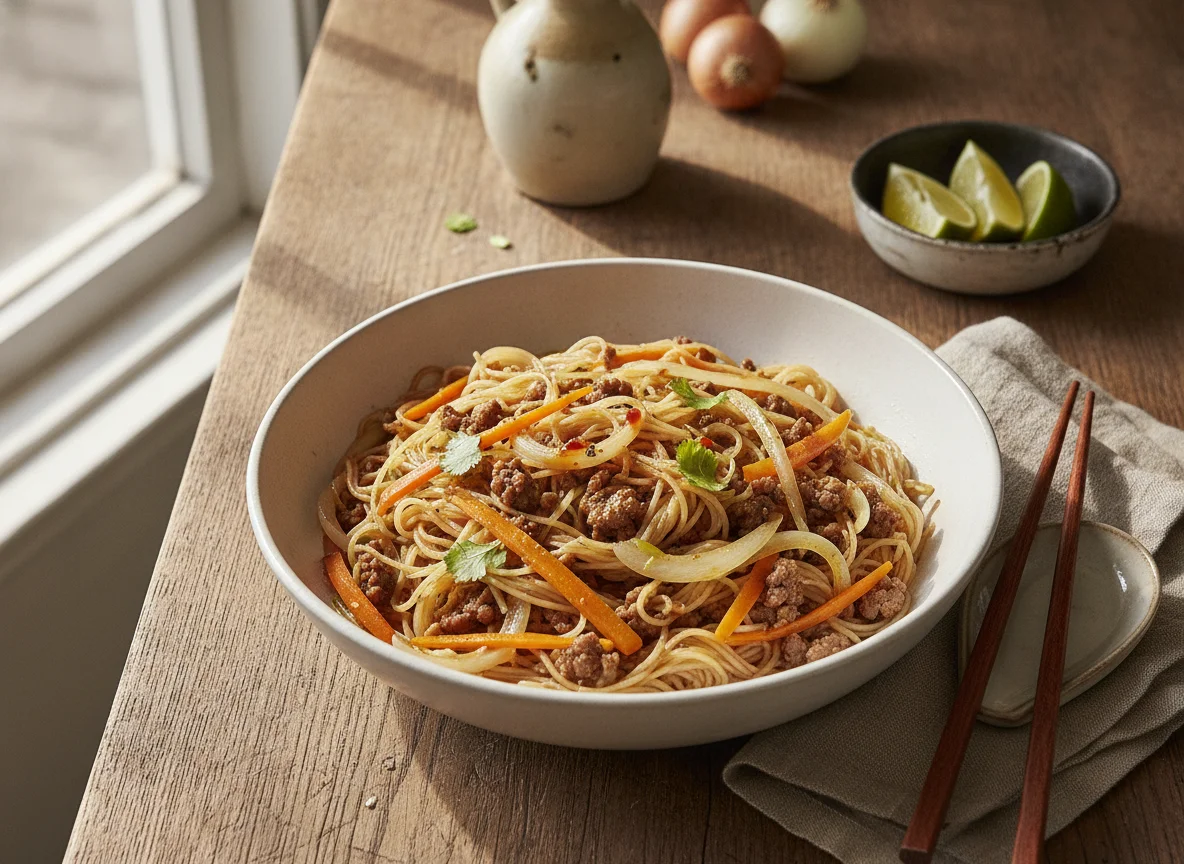 Fideos de arroz con carne y verduras photo