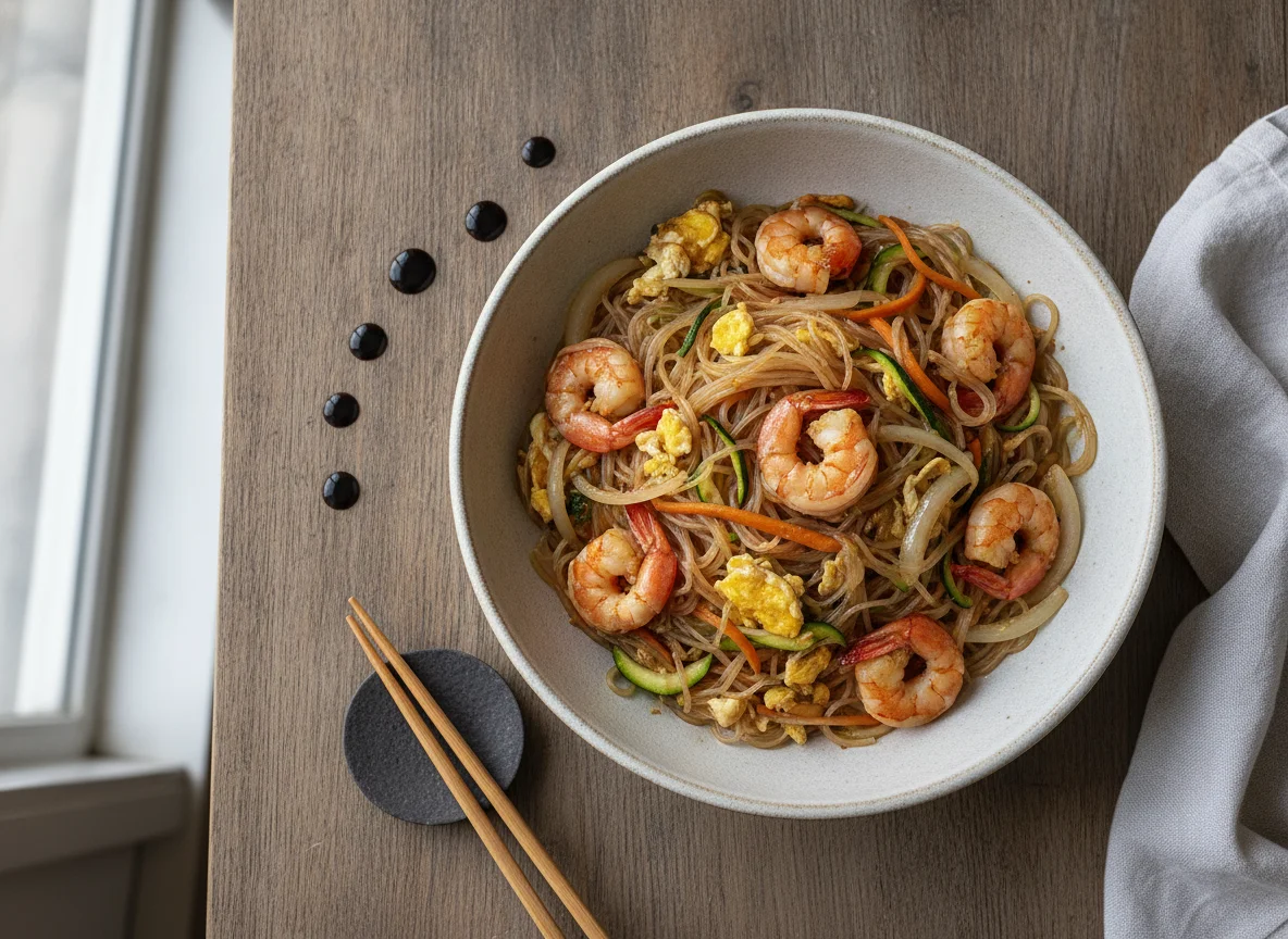 Fideos de arroz con gambas y verduras photo