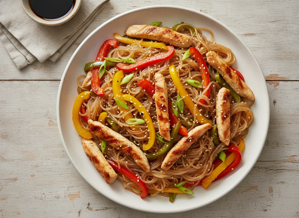 Fideos de arroz con pimientos y pollo photo