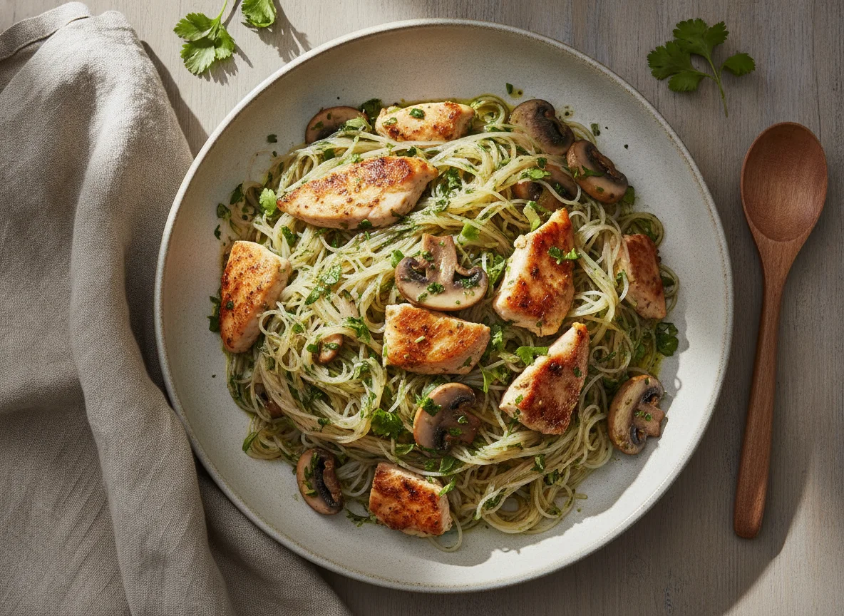 Fideos de arroz con pollo y champiñones photo