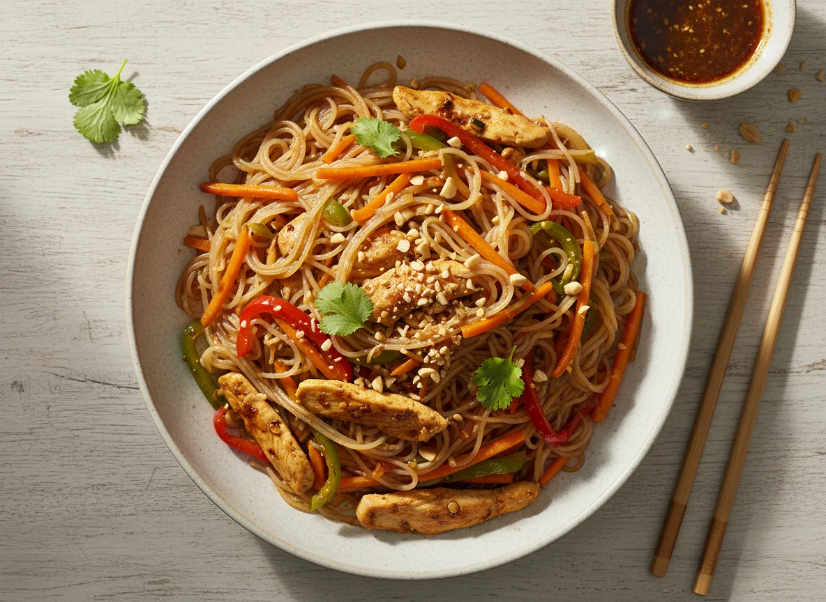 Fideos de arroz con pollo y verduras photo