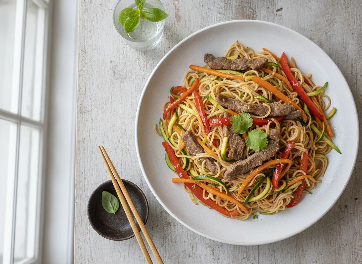 Fideos de arroz con verduras y carne photo