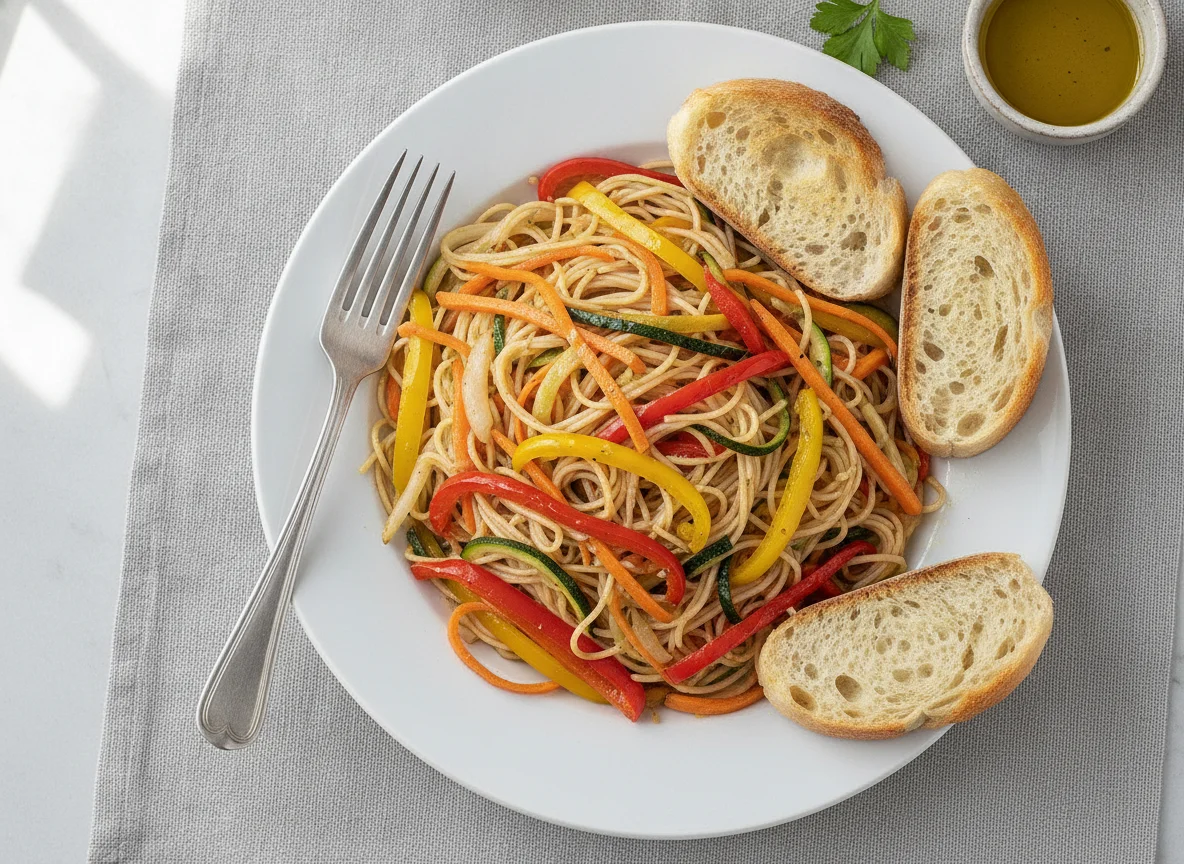 Fideos de arroz con verduras y pan photo
