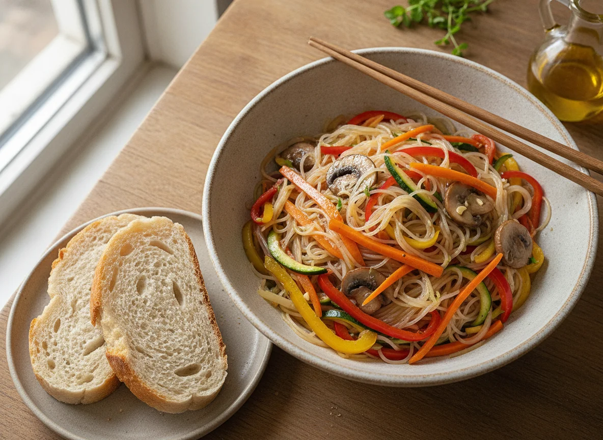 Fideos de arroz con verduras y pan sin gluten photo